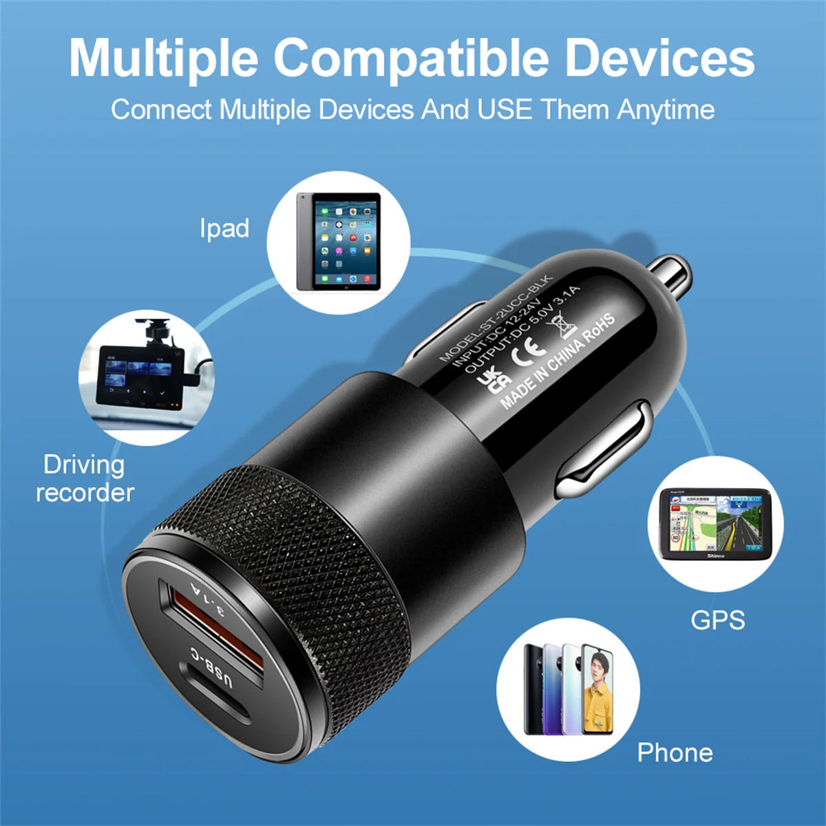 USB+Type C Fast Car Charger for iPhone, Samsung, Huawei