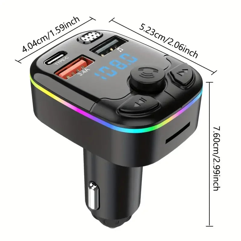 Bluetooth 5.0 Car FM Transmitter PD Type-C Dual USB Ambient Player MP3 Charger Type-C