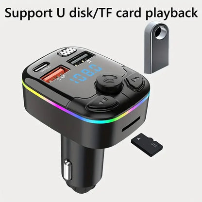 Bluetooth 5.0 Car FM Transmitter PD Type-C Dual USB Ambient Player MP3 Charger Type-C