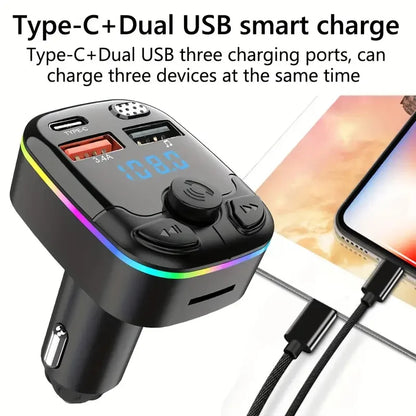 Bluetooth 5.0 Car FM Transmitter PD Type-C Dual USB Ambient Player MP3 Charger Type-C