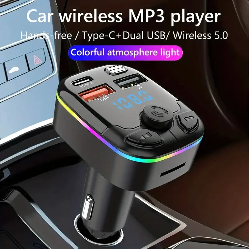 Bluetooth 5.0 Car FM Transmitter PD Type-C Dual USB Ambient Player MP3 Charger Type-C