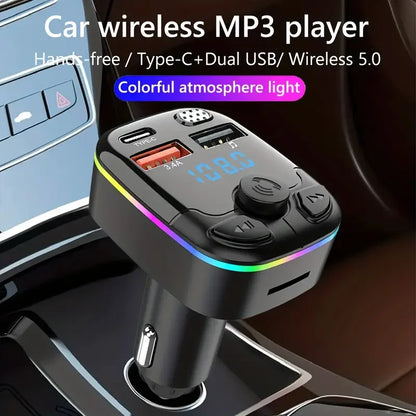 Bluetooth 5.0 Car FM Transmitter PD Type-C Dual USB Ambient Player MP3 Charger Type-C