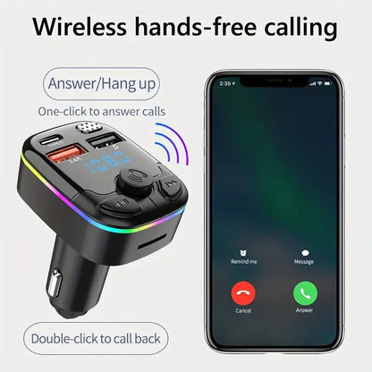 Bluetooth 5.0 Car FM Transmitter PD Type-C Dual USB Ambient Player MP3 Charger Type-C